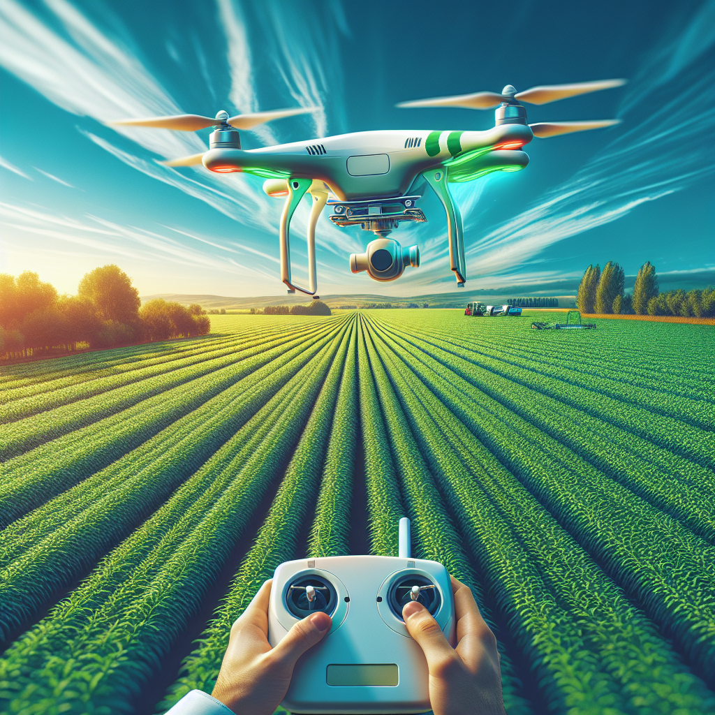 "Drone agrícola sobrevoando um campo verde, simbolizando a revolução da agricultura de precisão e o aumento da produtividade no campo."