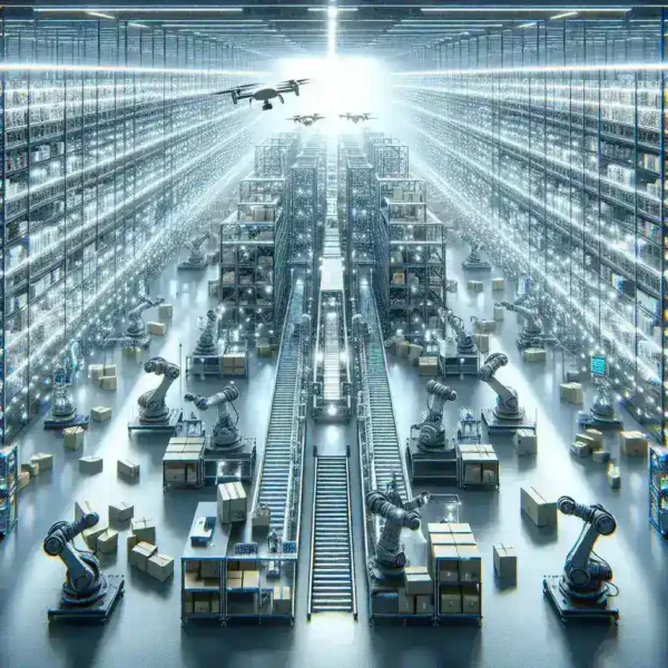 "Robótica e automação na logística: imagem ilustrativa de um armazém moderno com robôs e sistemas automatizados operando para maximizar eficiência e reduzir custos operacionais."