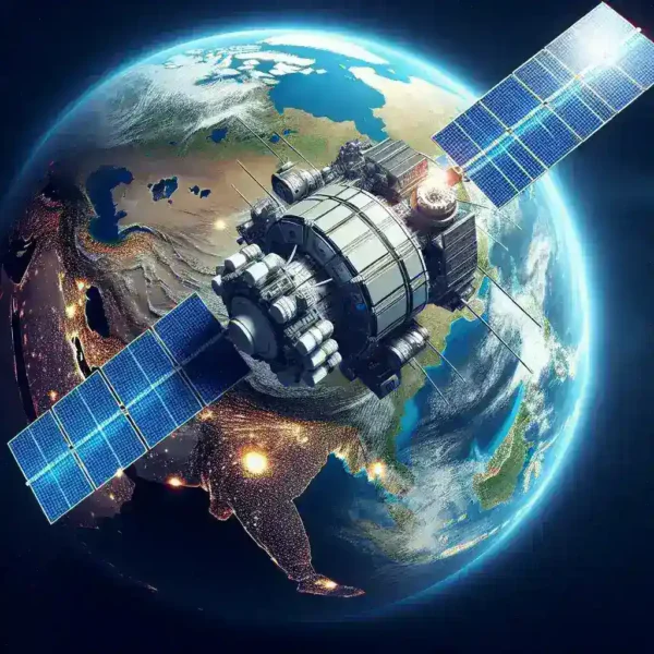 "Satélites militares em órbita monitorando atividades sísmicas em regiões estratégicas, destacando tecnologia de vigilância avançada."