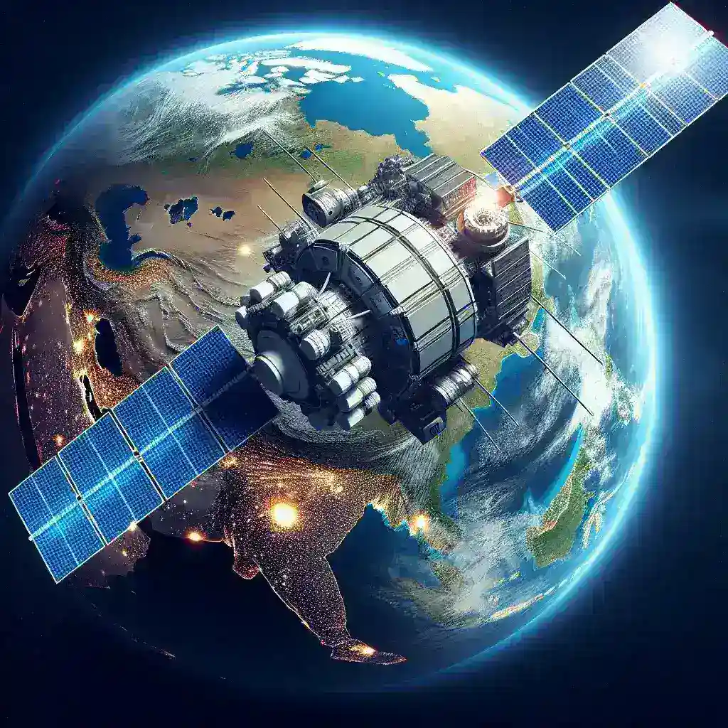 "Satélites militares em órbita monitorando atividades sísmicas em regiões estratégicas, destacando tecnologia de vigilância avançada."