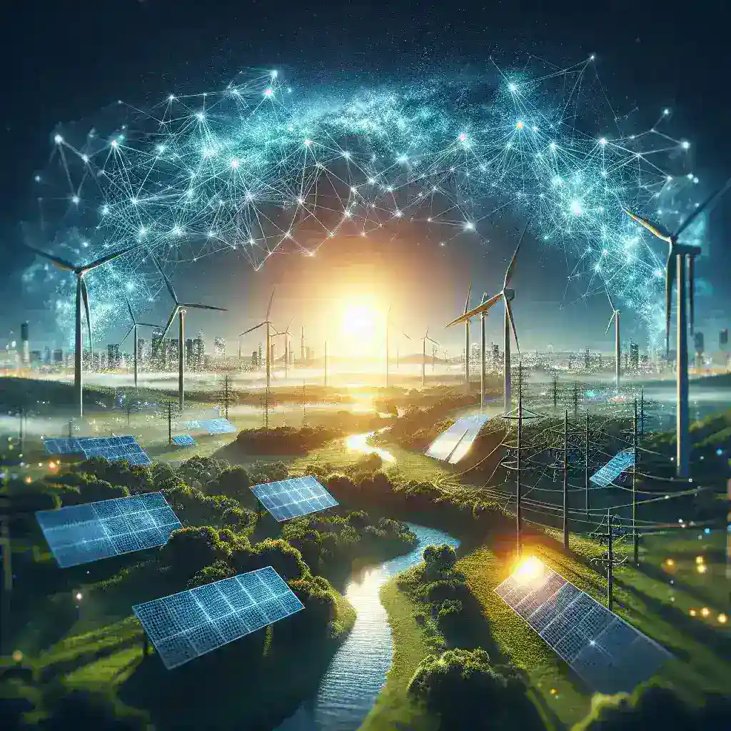 "Imagem ilustrativa de um moderno sistema de smart grids integrando fontes de energia limpa, como painéis solares, turbinas eólicas e tecnologias de gerenciamento de energia, destacando o futuro do consumo sustentável de energia."
