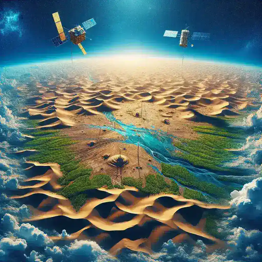 "Imagem de satélites monitorando mudanças climáticas no deserto do Saara, destacando áreas afetadas por desmatamento e variações na vegetação."