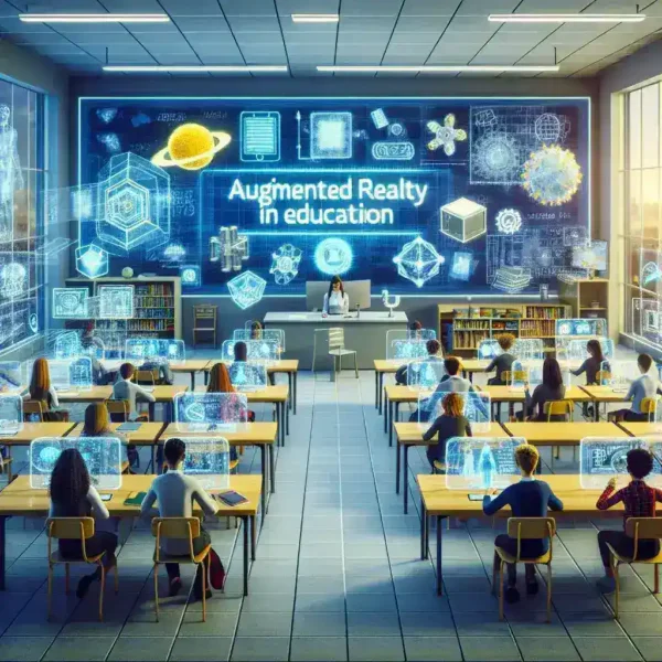 "Estudantes utilizando realidade aumentada em sala de aula, interagindo com conteúdos educacionais digitais em dispositivos móveis, exemplificando a revolução do aprendizado com tecnologia interativa na educação."