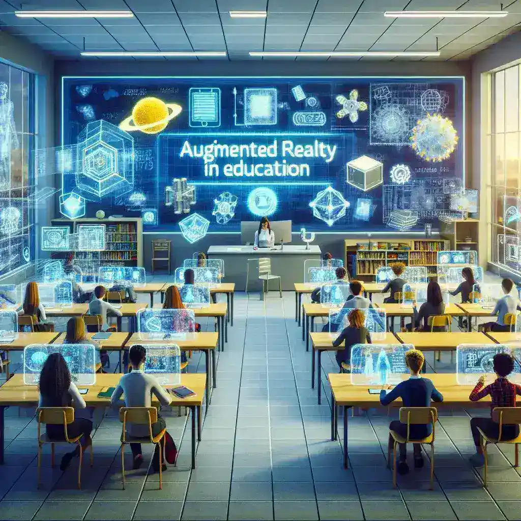 "Estudantes utilizando realidade aumentada em sala de aula, interagindo com conteúdos educacionais digitais em dispositivos móveis, exemplificando a revolução do aprendizado com tecnologia interativa na educação."